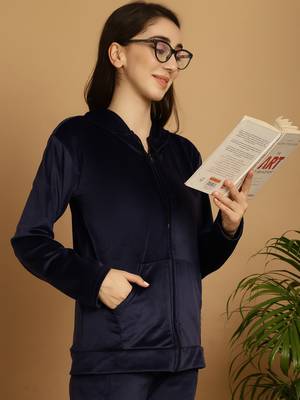 Women Solid Navy Blue Velvet Night Suit Set 6