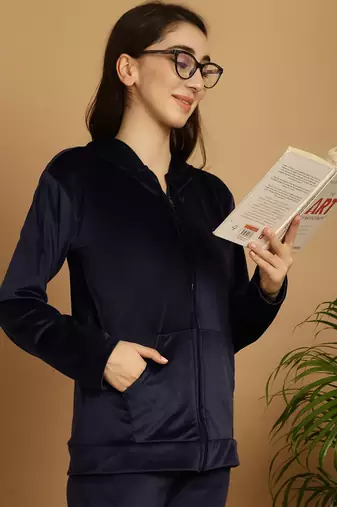 Women Solid Navy Blue Velvet Night Suit Set