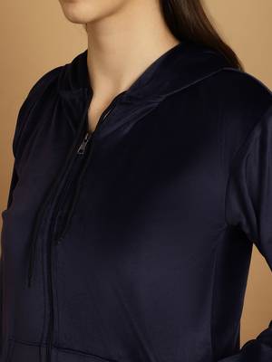 Women Solid Navy Blue Velvet Night Suit Set 7