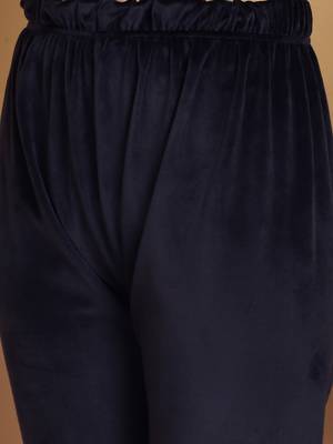 Women Solid Navy Blue Velvet Night Suit Set 8