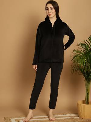 Women Solid Black Velvet Night Suit Set 1