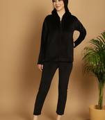 Women Solid Black Velvet Night Suit Set