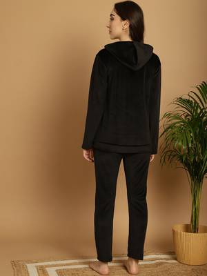 Women Solid Black Velvet Night Suit Set 2