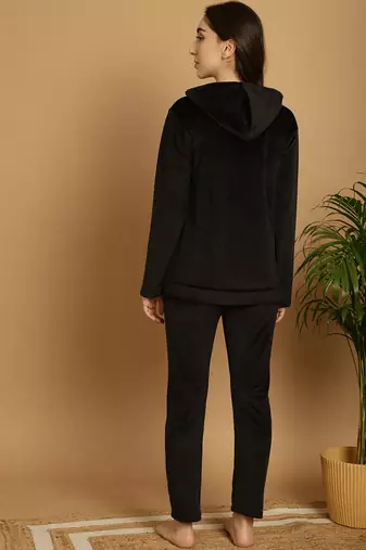 Women Solid Black Velvet Night Suit Set
