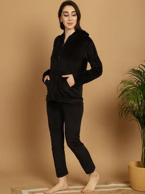 Women Solid Black Velvet Night Suit Set 3