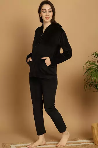 Women Solid Black Velvet Night Suit Set