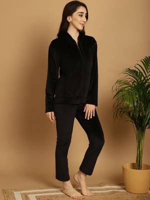 Women Solid Black Velvet Night Suit Set 4