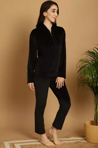 Women Solid Black Velvet Night Suit Set