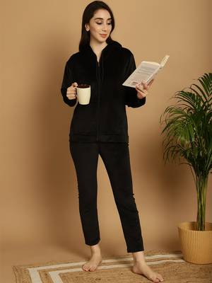 Women Solid Black Velvet Night Suit Set 5