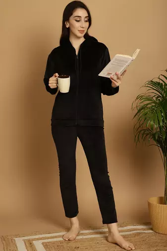 Women Solid Black Velvet Night Suit Set