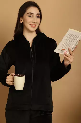 Women Solid Black Velvet Night Suit Set
