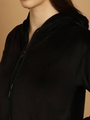 Women Solid Black Velvet Night Suit Set 7