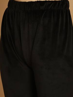 Women Solid Black Velvet Night Suit Set 8