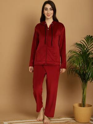 Women Solid Maroon Velvet Night Suit Set 1