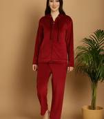 Women Solid Maroon Velvet Night Suit Set