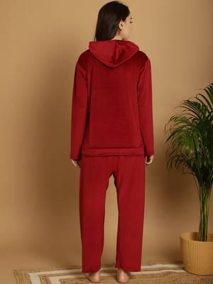 Women Solid Maroon Velvet Night Suit Set 2