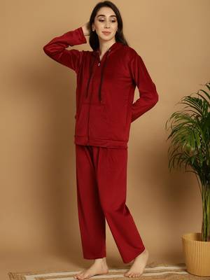Women Solid Maroon Velvet Night Suit Set 3