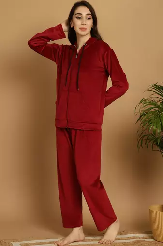 Women Solid Maroon Velvet Night Suit Set
