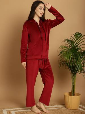 Women Solid Maroon Velvet Night Suit Set 4