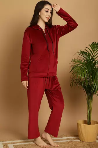Women Solid Maroon Velvet Night Suit Set