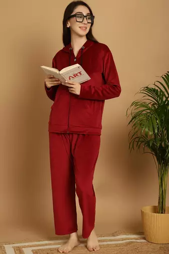 Women Solid Maroon Velvet Night Suit Set