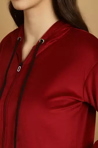 Women Solid Maroon Velvet Night Suit Set