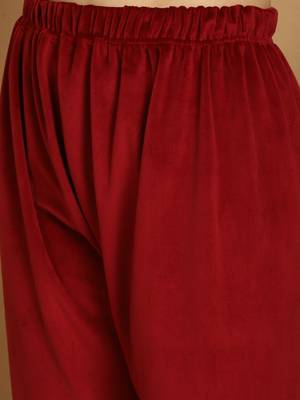 Women Solid Maroon Velvet Night Suit Set 7