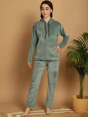 Women Solid Pista Green Velvet Night Suit Set 1