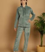 Women Solid Pista Green Velvet Night Suit Set