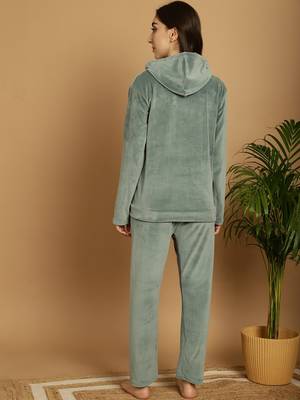 Women Solid Pista Green Velvet Night Suit Set 2