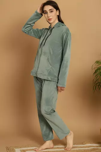 Women Solid Pista Green Velvet Night Suit Set