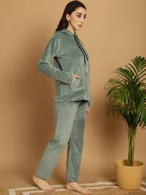 Women Solid Pista Green Velvet Night Suit Set 4
