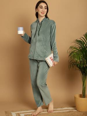 Women Solid Pista Green Velvet Night Suit Set 5