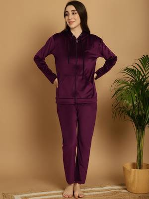 Women Solid Wine Velvet Night Suit Set 1