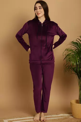 Women Solid Wine Velvet Night Suit Set