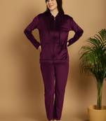Women Solid Wine Velvet Night Suit Set