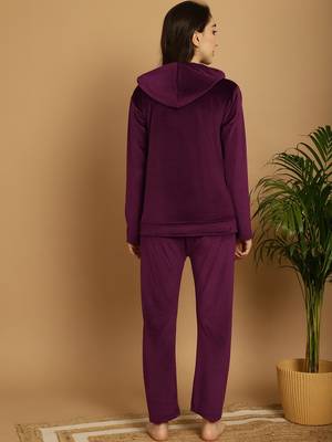 Women Solid Wine Velvet Night Suit Set 2