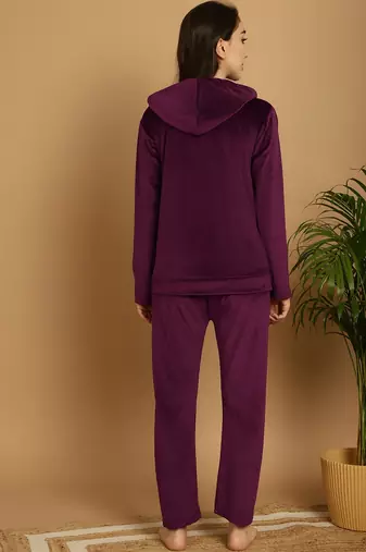 Women Solid Wine Velvet Night Suit Set