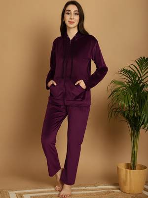 Women Solid Wine Velvet Night Suit Set 3