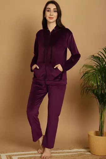 Women Solid Wine Velvet Night Suit Set