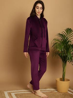 Women Solid Wine Velvet Night Suit Set 4