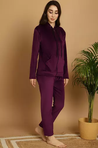 Women Solid Wine Velvet Night Suit Set