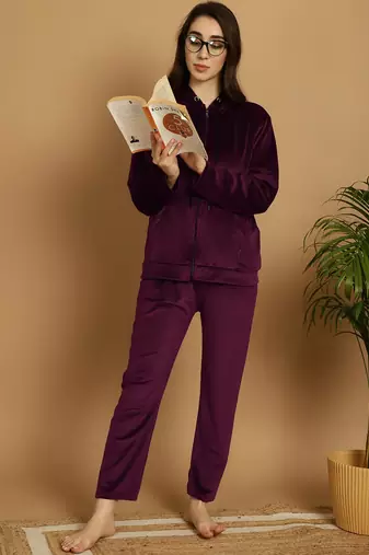 Women Solid Wine Velvet Night Suit Set