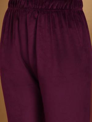 Women Solid Wine Velvet Night Suit Set 8