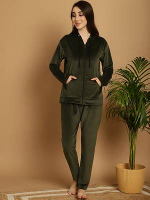 Women Solid Olive Velvet Night Suit Set 1
