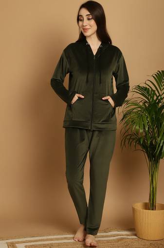 Women Solid Olive Velvet Night Suit Set