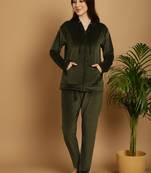 Women Solid Olive Velvet Night Suit Set