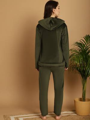 Women Solid Olive Velvet Night Suit Set 2