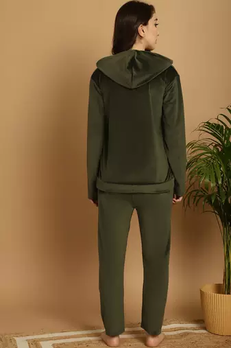 Women Solid Olive Velvet Night Suit Set