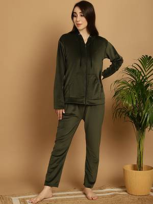 Women Solid Olive Velvet Night Suit Set 3